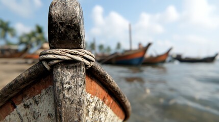 Fototapeta premium A close up of a wooden boat tied up to the shore