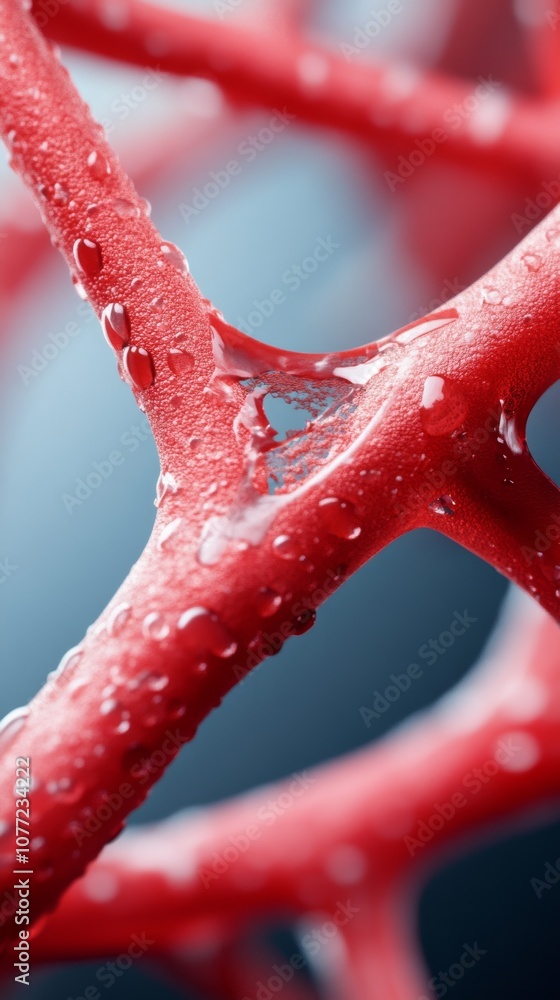 Poster close-up of a red, textured surface with water droplets highlighting the intricacies of the material