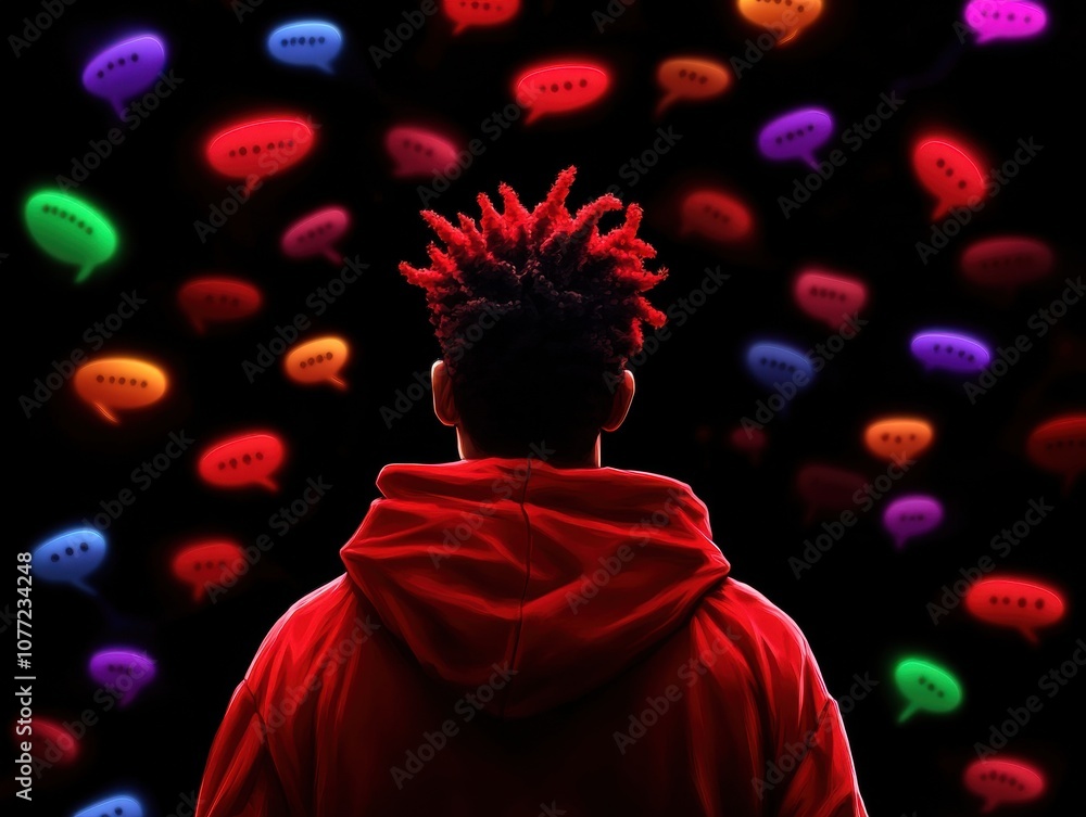 Aufkleber A figure in a red hoodie faces a vibrant backdrop of colorful speech bubbles, symbolizing communication and expression in a dynamic environment.