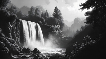 Detailed waterfall drawing black white nature illustration image