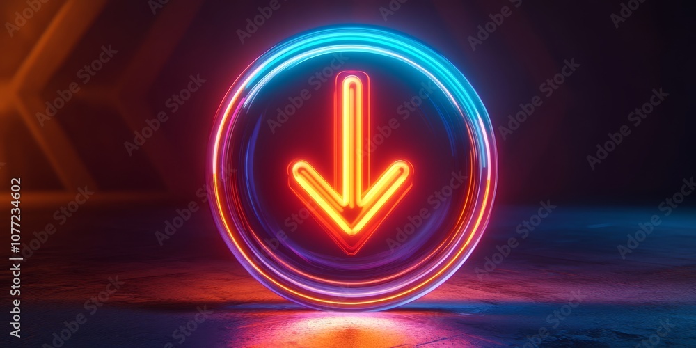 Poster this is a vibrant and eyecatching 3d rendering of a neon arrow that points downwards, showcasing an 