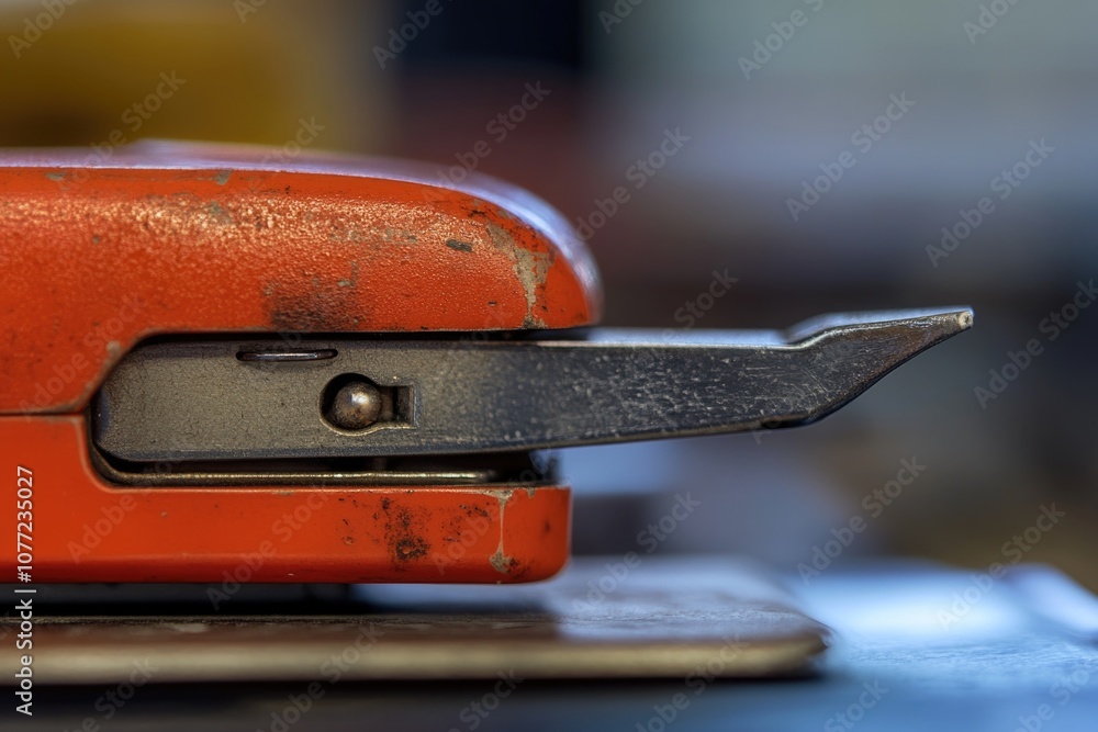 Poster close-up shot of a stapler on a table, suitable for office or work-related themes