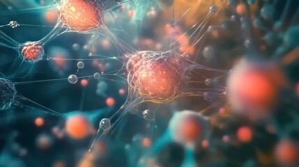 Abstract illustration of interconnected cells with a blue and orange color scheme.