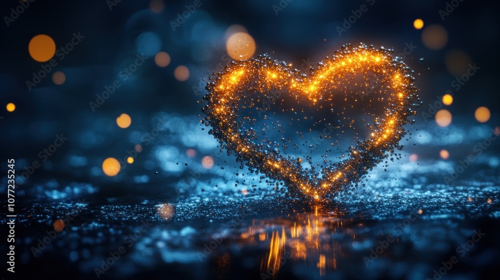 Poster A glowing heart shape made of particles on a dark blue background with bokeh lights.