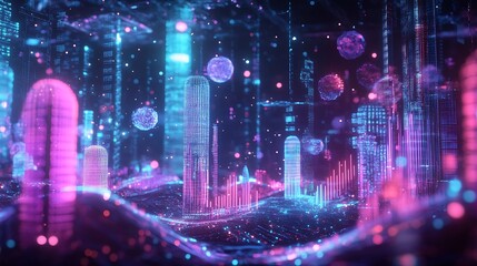 Fototapeta premium Futuristic Neon Cityscape with Glowing Towers and Data Streams