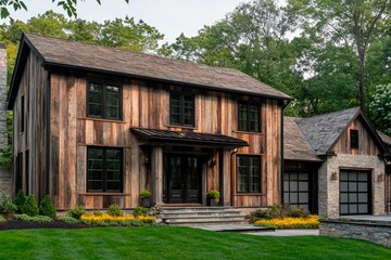 Obraz premium Stylish modern farmhouse with wood siding and stone accents nestled in lush greenery. Generative AI