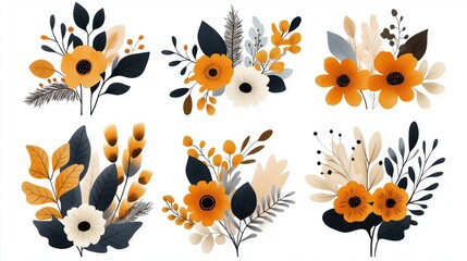 Obraz premium Collection of floral compositions with orange, black, and beige flowers and leaves in an abstract style, showcasing various arrangements and botanical elements on a white background.