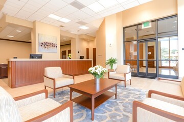Fototapeta premium Modern office lobby featuring neutral tones, elegant decor, and inviting seating arrangement