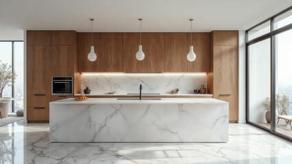 Contemporary Kitchen with Marble Island, Wood Cabinets, Pendant Lighting, and Bright Natural Light for a Cozy Ambiance