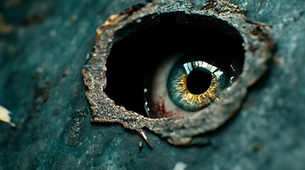 Fototapeta premium A close up of a person's eye looking through a hole in a metal surface