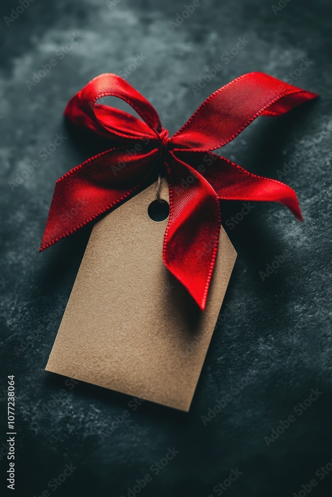 Poster a beautiful brown gift tag tied with a red ribbon, perfect for wrapping presents or adding a touch o