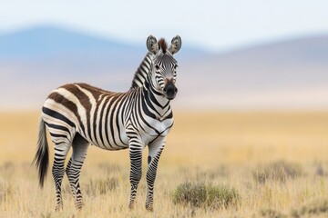Obraz premium A zebra stands in a green field, surrounded by mountains in the background