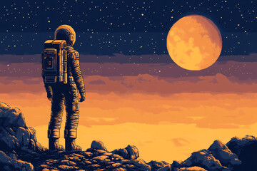 Retro-Futuristic Astronaut Comic Illustration in Vibrant Colors, Evoking Classic Sci-Fi and Space Adventure