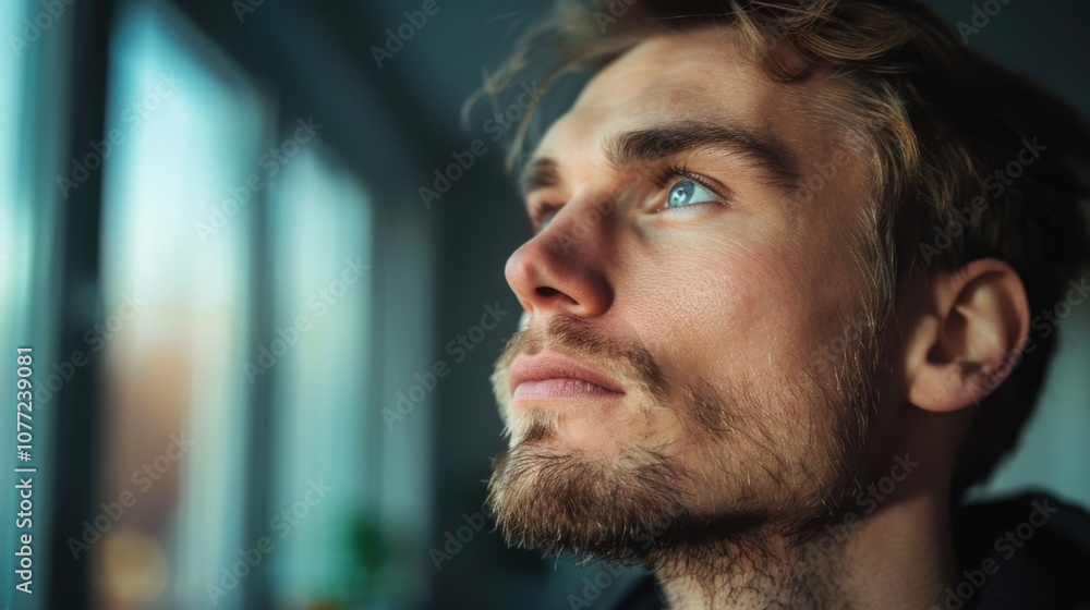 Aufkleber a person gazing out a window with a thoughtful expression