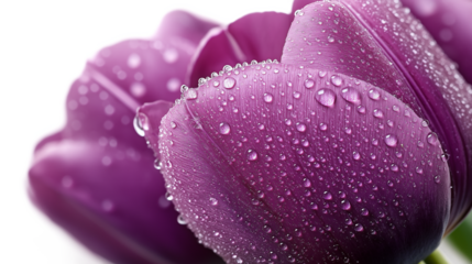 Close-up of a purple tulip flower with water droplets on its petals isolated on a white background