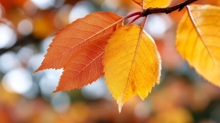 Obraz premium A close up of a yellow and orange leaf on a tree branch