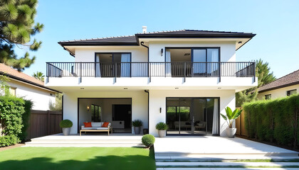 a house with a balcony and a balcony with a balcony and a patio