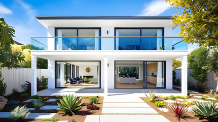 a house with a lawn and a lawn with a lawn and a blue sky
