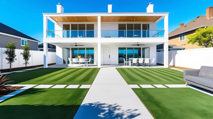 a house with a lawn and a lawn with a lawn and a blue sky