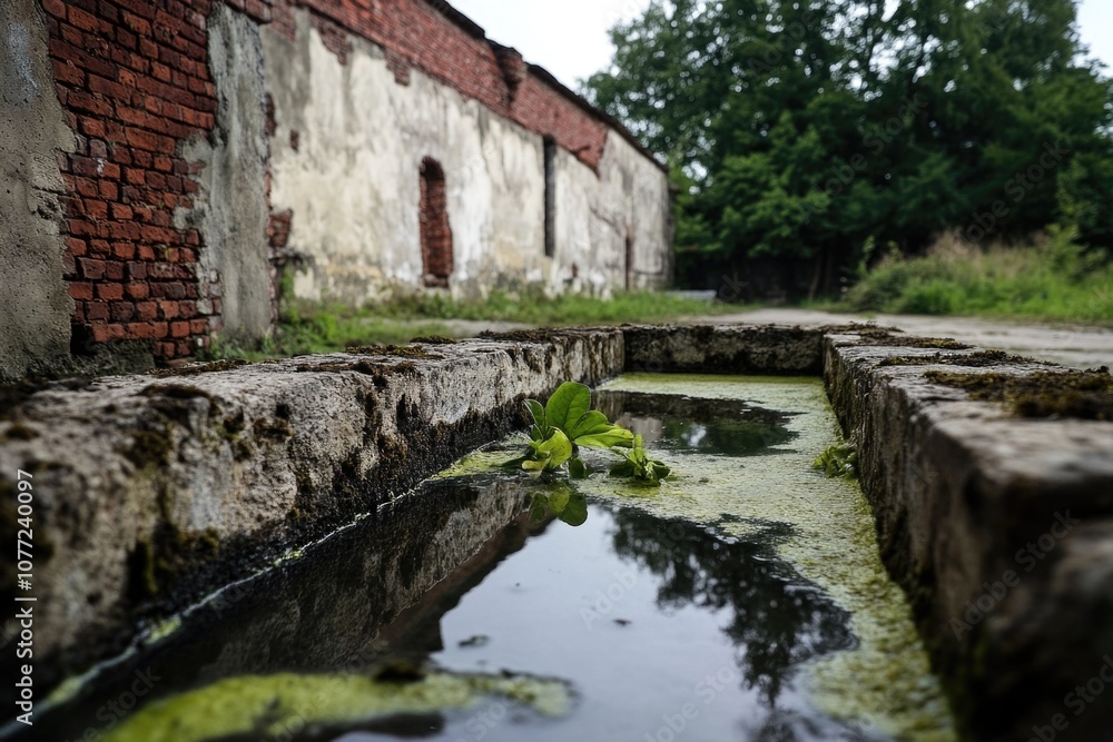 Poster a small pool of water located next to a brick building, suitable for use in architecture or urban pl