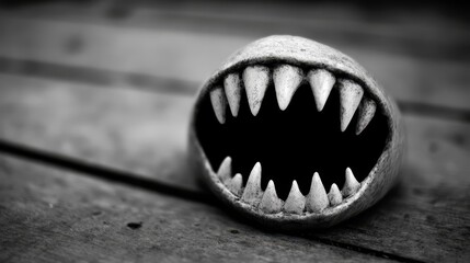 Naklejka premium A close up of a shark's mouth on a wooden surface