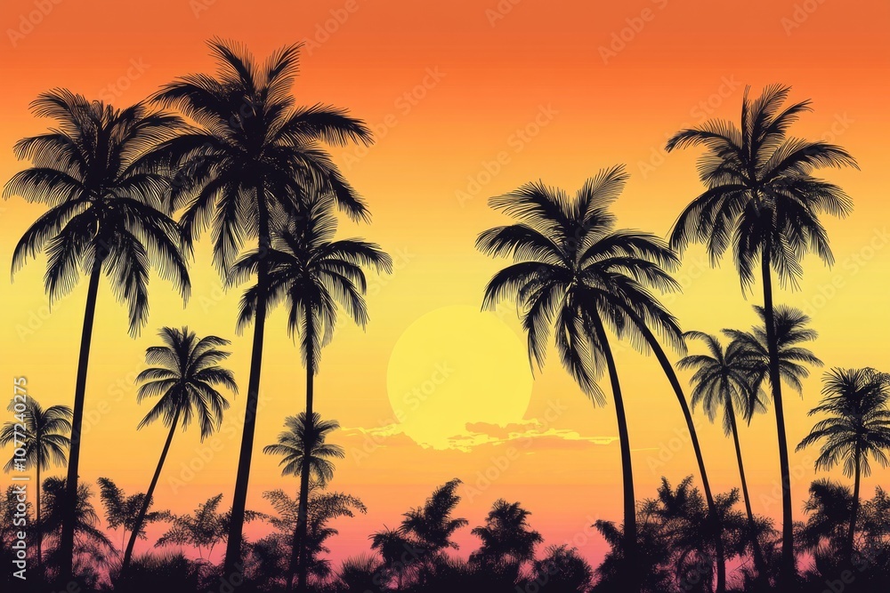 Poster a group of palm trees standing in front of a beautiful sunset