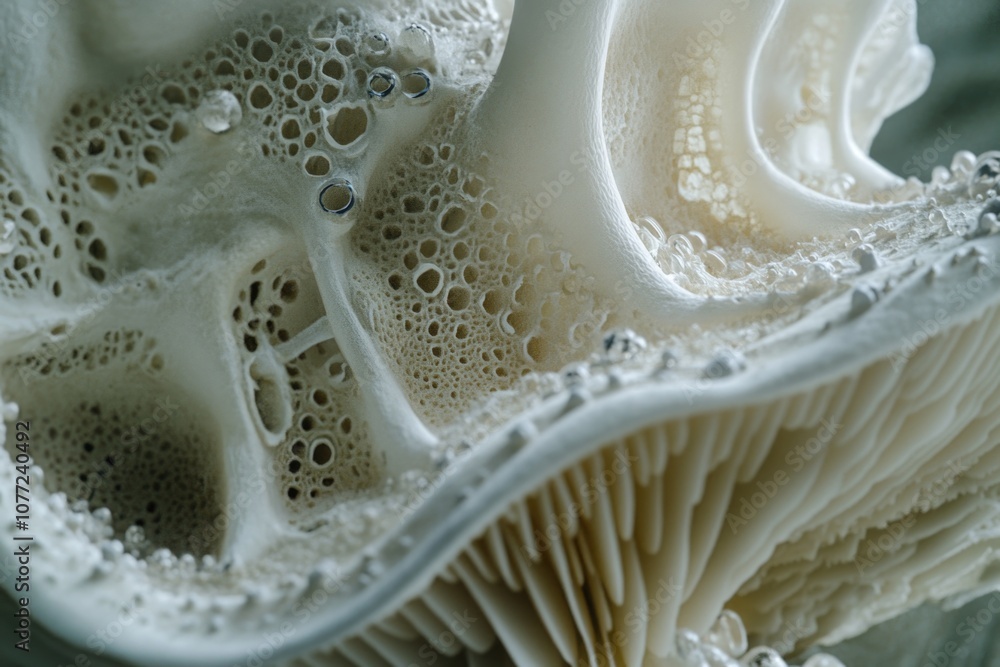 Poster a close-up view of a mushroom with a white substance covering its surface