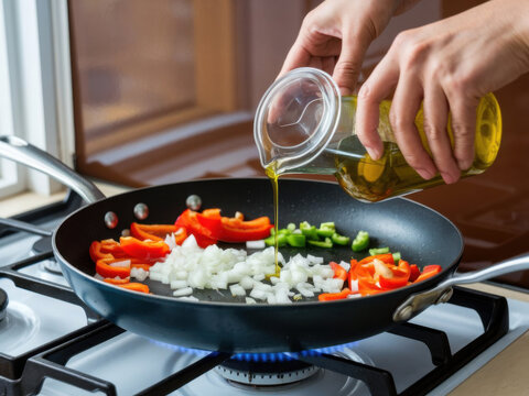 manos vertiendo aceite de oliva en una sart&eacute;n sobre una cocina. La sart&eacute;n se rellena con cebolla picada y pimiento morr&oacute;n.
