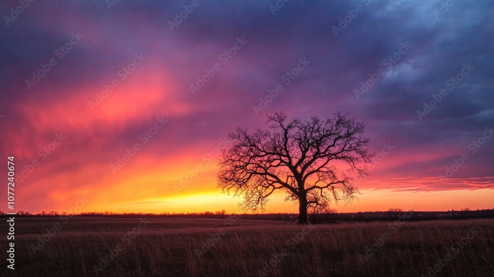 Poster A single tree standing tall in a open field as the sun sets in the background
