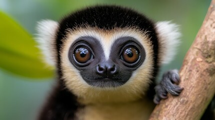 A close up of a lemur sitting on a tree branch