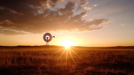 Naklejka premium A windmill in the middle of a field at sunset
