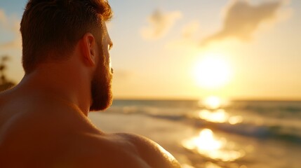 Fototapeta premium A man with a beard standing on the beach at sunset