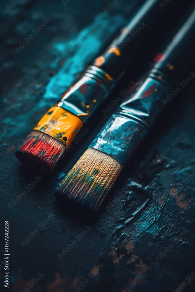 Poster two paintbrushes sit on a flat surface, ready for use