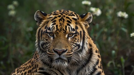 Obraz premium Close-up portrait of a tiger with intense gaze and prominent whiskers