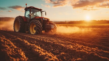 Obraz premium Red Tractor Moving Through A Field At Sunset