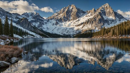 Majestic Snow-Covered Mountains Reflected in Tranquil Lake at Sunset