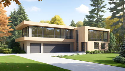 a house with a lot of windows and a driveway