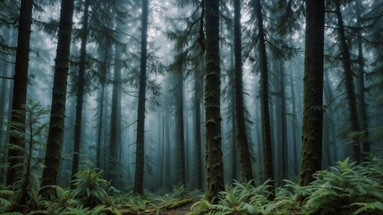 Obraz premium Misty Pine Forest with Sunlight Filtering Through Trees and Lush Ferns