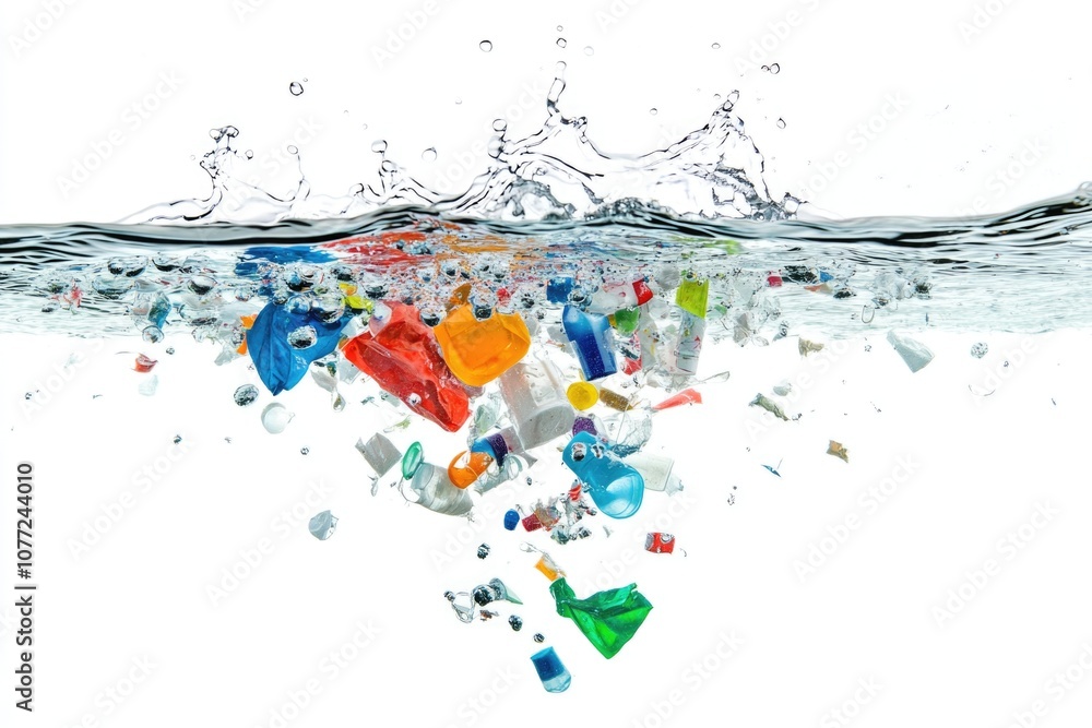 Poster a collection of trash and waste floating in the water