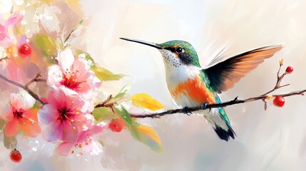 Fototapeta premium A painting of a hummingbird sitting on a branch with flowers