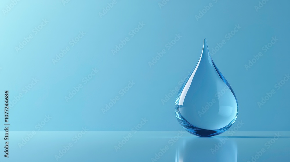 Poster A single water drop on a light blue background with a reflection.