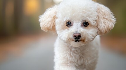 A small white dog standing on a sidewalk