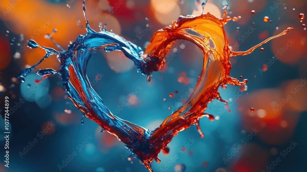 Poster a three-dimensional heart shape formed from blue and orange liquids, with swirling patterns