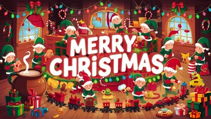 Fototapeta premium Elves Santa's workshop toy-making holiday toys decorations Christmas Merry Christmas colorful festive 