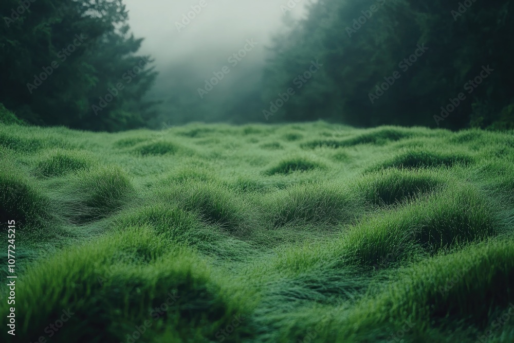 Poster a serene scene featuring a lush green field with towering trees in the distance, ideal for use as a 