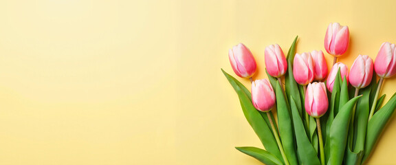 Pink tulips arranged in a bouquet on a yellow background