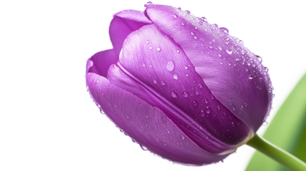 Close-up of a purple tulip flower with water droplets on its petals isolated on a white background
