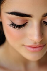 Fototapeta premium Close-Up of Woman with Enhanced Lashes and Soft Makeup for Beauty and Skincare Theme