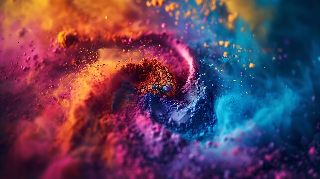 A dramatic close-up of Holi powders being mixed together, creating a swirling blend of colors.
