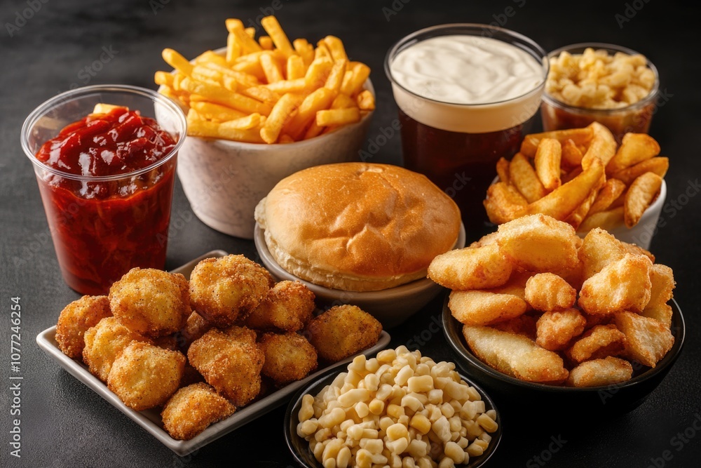 Poster variety of food on plates and tables, ideal for event or party use